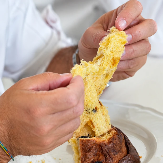 Panettone partagé à la main, mie alvéolée et filante, croûte foncée, sur une assiette blanche